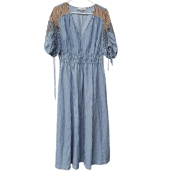 LOFT Midi Dress Large Striped Tie Puff Sleeve Blue Tan White Minimalist Cottage - Picture 3 of 6